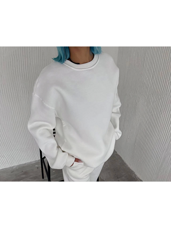 Jane's Kışlık Bisiklet Yaka Üç İplik Basic SweatShirt - Beyaz