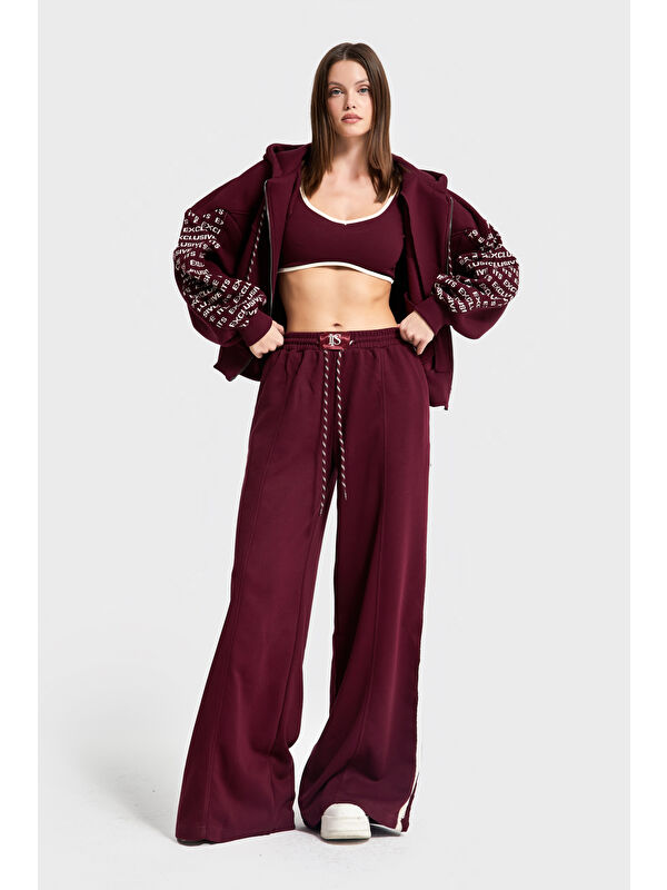 It's Basic Kadın Bordo Renk w5-35 Örme Kumaş Tasarım 3'lü Kombin Takım