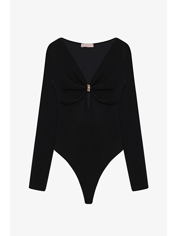 QUZU Halka Aksesuarlı Uzun Kollu Bodysuit Siyah