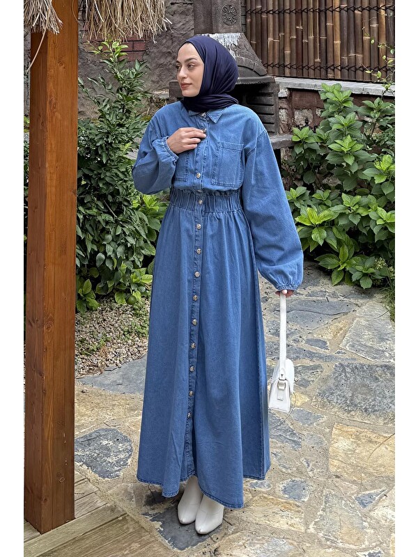 Lamelif Beli Lastikli Jean Elbise Jean Mavisi
