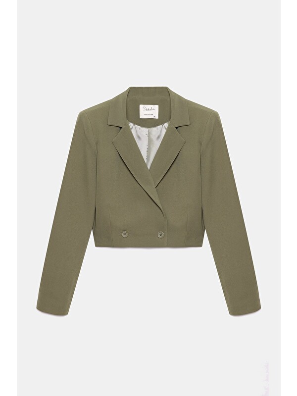 Saade Haki Kadın Regular Fit Kruvaze Kapama Dokuma Crop Blazer Ceket -Şık & Spor