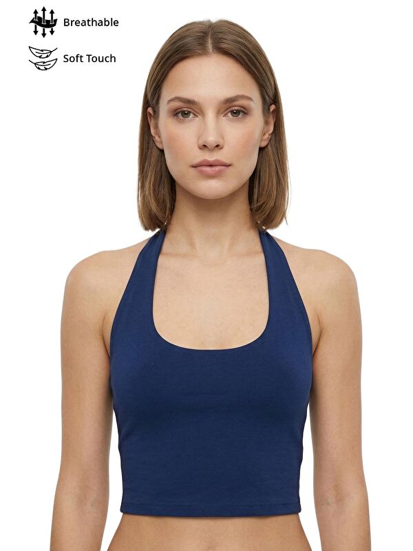 Cottonhill Lacivert Viskon Halter Yaka Sırt Dekolteli Kadın Crop Atlet