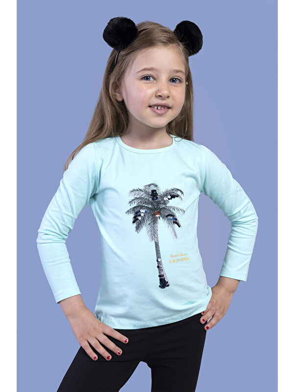 Toontoykids Kız Çocuk Palmiye Baskılı Pul İşlemeli Tişört