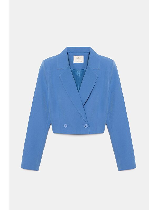 Saade İndigo Kadın Regular Fit Kruvaze Kapama Dokuma Crop Blazer Ceket -Şık & Spor