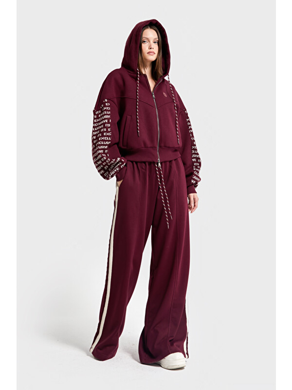 It's Basic Kadın Bordo Renk w5-35 Örme Kumaş Tasarım 3'lü Kombin Takım