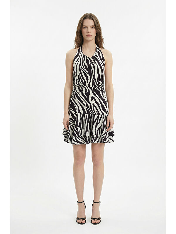 QUZU Zebra Desenli Halter Yaka Mini Elbise Kahverengi