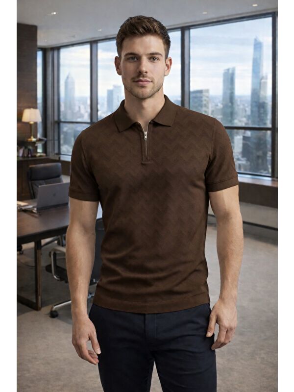 Tarz Cool Erkek Slim Fit Fermuarlı Polo Yaka Triko Tişört