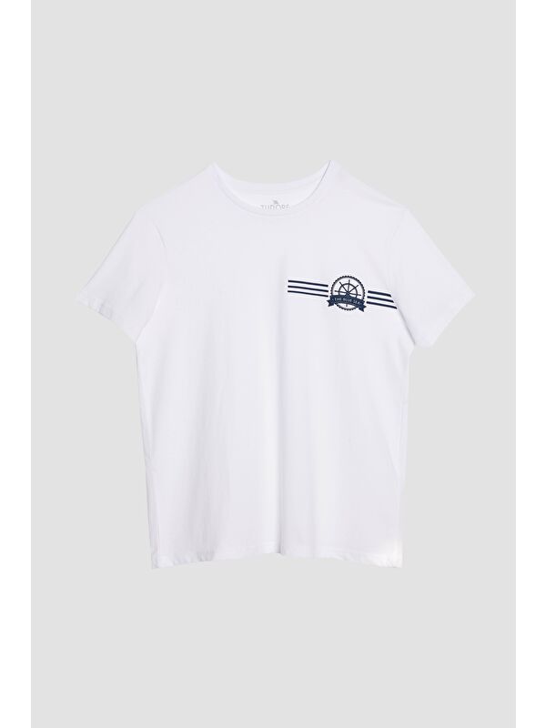TUDORS Erkek Slim Fit Dar Kesim %100 Pamuk Yumuşak Dokulu Baskılı Beyaz Bisiklet Yaka Tişört