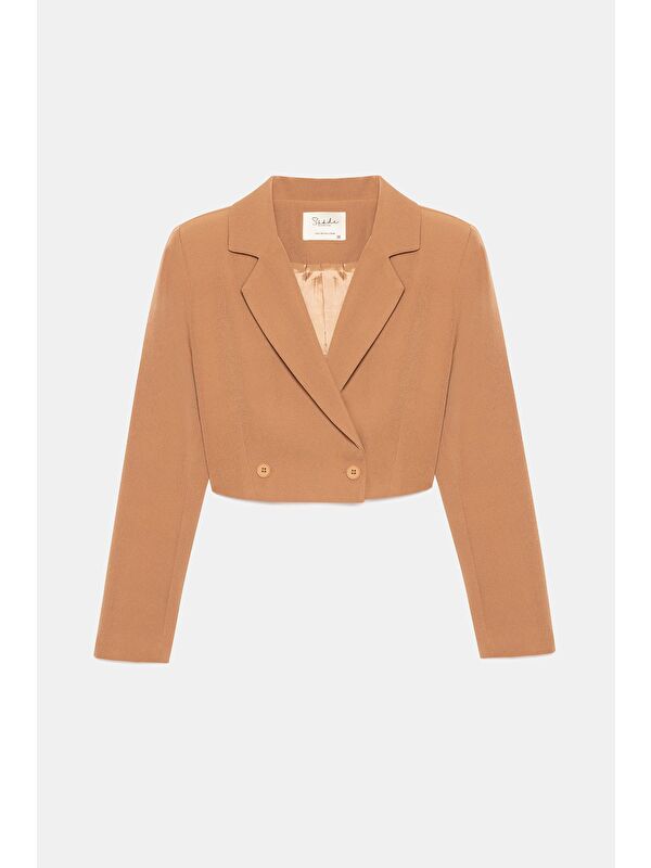 Saade Kamel Kadın Regular Fit Kruvaze Kapama Dokuma Crop Blazer Ceket -Şık & Spor