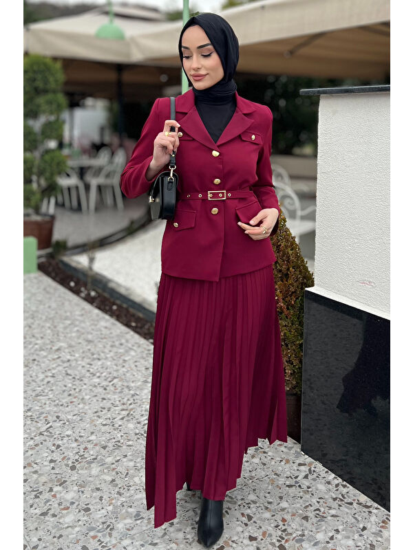 Julude Kadın Kemer Aksesuarlı Blazer Ceket Etek Tesettür İkili Takım