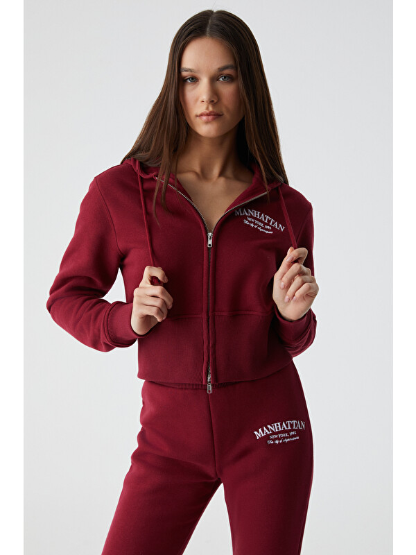 GRIMELANGE IRESSINE Kadın Kapüşonlu Fermuarlı Uzun Kollu Regular BORDO Sweatshirt