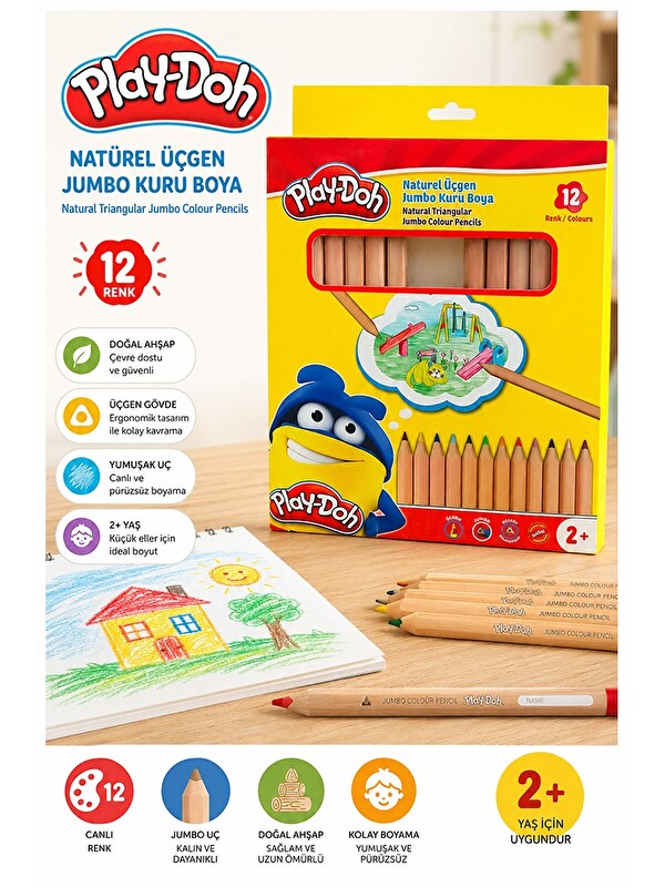 Play-Doh 12 li Jumbo Kuru Boya Kalemi Naturel Karton Kutu 1 Paket Kalın 12 Renk Jumbo Kuruboya Tam B