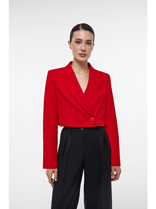 Saade Kırmızı Kadın Regular Fit Kruvaze Kapama Dokuma Crop Blazer Ceket -Şık & Spor