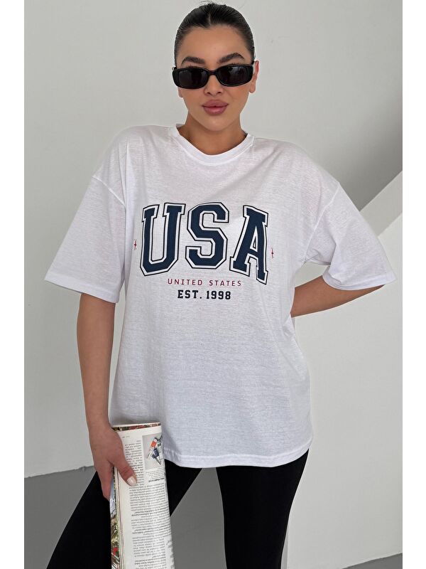 Trendseninle Kadın Beyaz Bisiklet Yaka USA Baskılı Oversize T Shirt