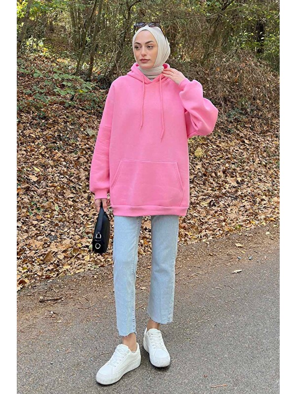Lamelif Üç İplik Kanguru Cep Sweatshirt Pembe