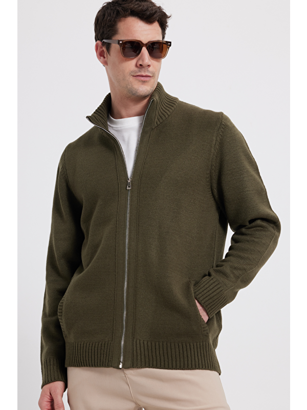 TUDORS Erkek Standart Fit Normal Kesim Fermuarlı Haki Hırka