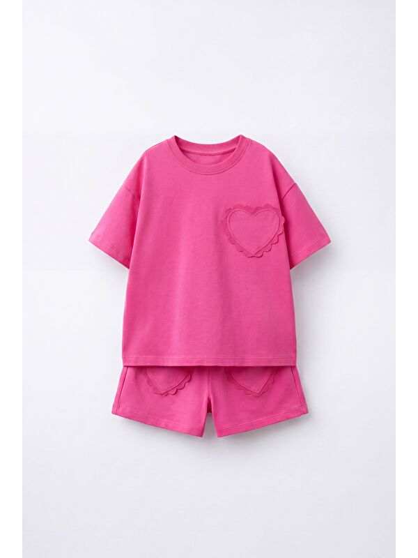 Magu Kız Çocuk Pamuklu Pembe Kalp Cepli T-Shirt Şort Takım