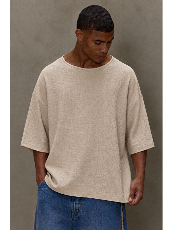 Tarz Cool Erkek Oversize Keten Görünümlü Basic Tişört – Salaş Kesim Bisiklet Yaka Günlük Streetwear T-Shirt