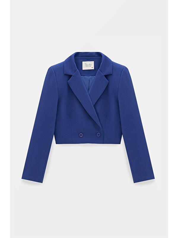 Saade Lacivert Kadın Regular Fit Kruvaze Kapama Dokuma Crop Blazer Ceket -Şık & Spor