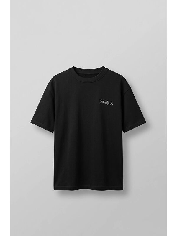 Abluka Online Erkek Oversize Örme Kumaş Nakış Detaylı Basic T-Shirt Siyah