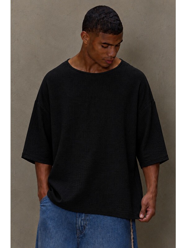 Tarz Cool Erkek Oversize Keten Görünümlü Basic Tişört – Salaş Kesim Bisiklet Yaka Günlük Streetwear T-Shirt