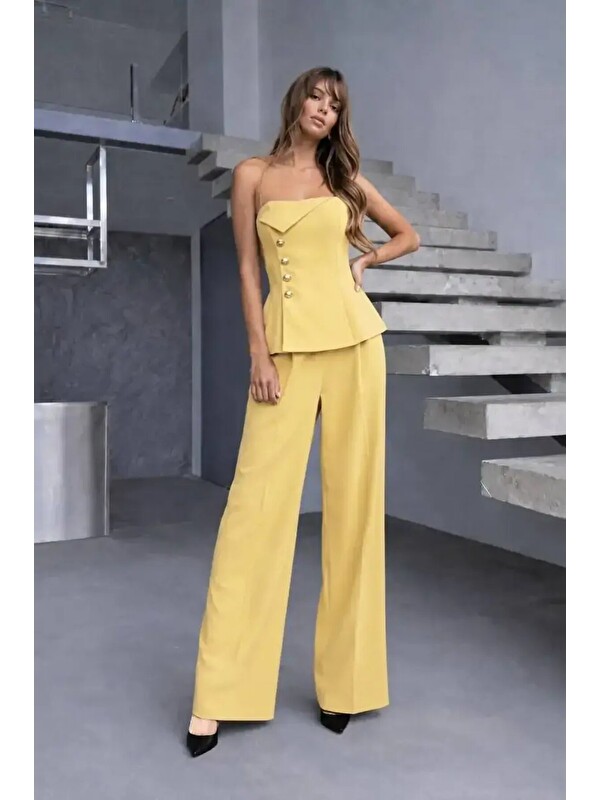 carla10 Straplez Bluz ve Pantalon Alt Üst Takım Sarı