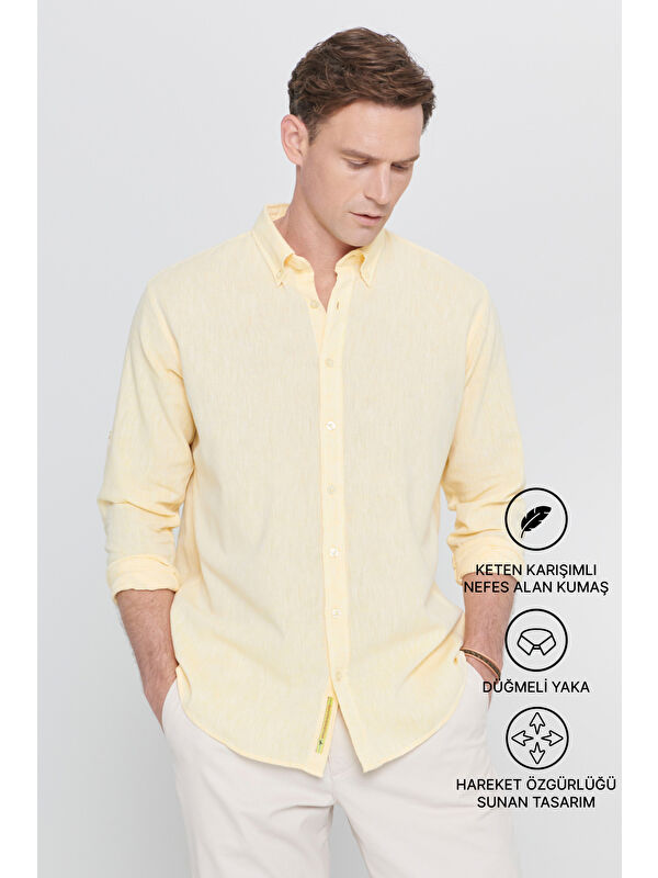 AC&Co / Altınyıldız Classics Erkek Sarı Comfort Fit Rahat Kesim Düğmeli Yaka Casual Keten Gömlek