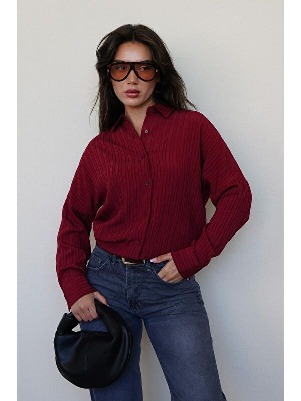 Madmext Bordo Uzun Kollu Çizgili Oversize Gömlek Mg2080