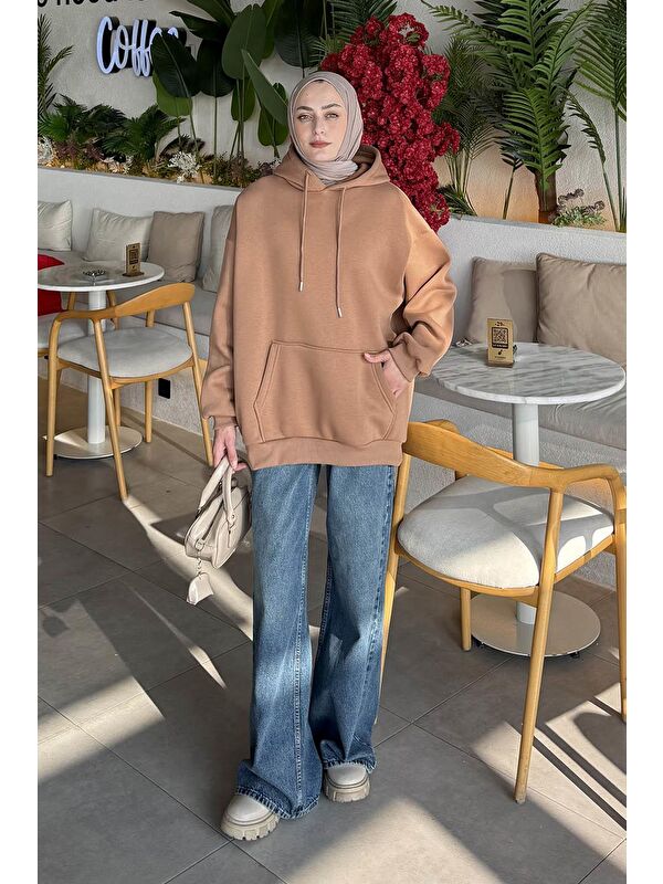 Lamelif Üç İplik Kanguru Cep Sweatshirt Sütlü Kahve
