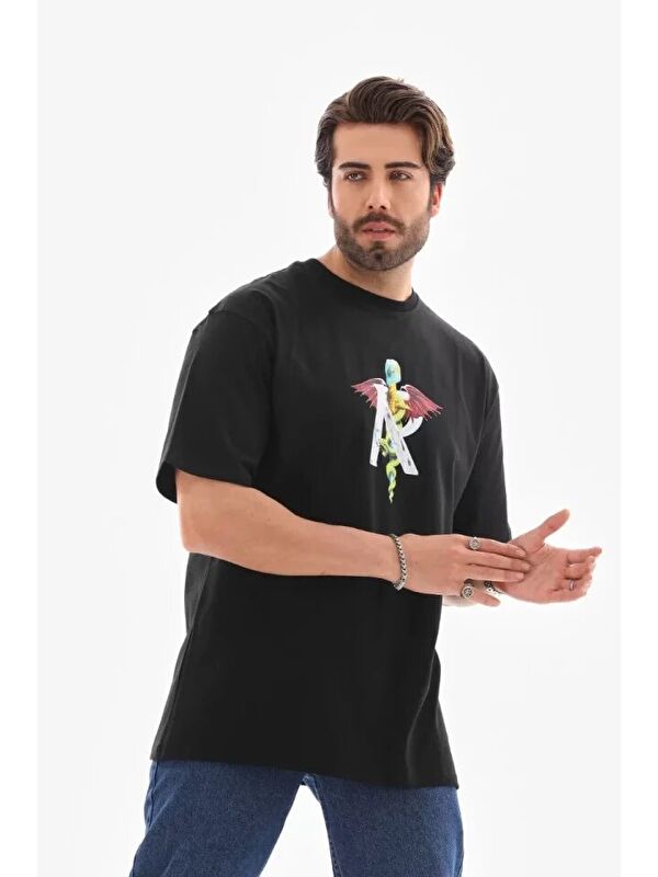 Jane's Unisex Bisiklet Yaka Baskılı Oversize T-Shirt - Siyah
