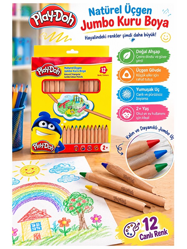 Play-Doh 12 li Jumbo Kuru Boya Kalemi Naturel Karton Kutu 1 Paket Kalın 12 Renk Jumbo Kuruboy