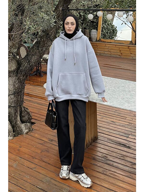 Lamelif Üç İplik Kanguru Cep Sweatshirt Açık Gri