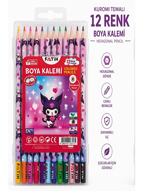 Fatih 12 li Kuru Boya Kalemi Plastik Kutu 1 Paket Kuromi Figürlü 12 Renk Kuruboya Tam Boy Renkli Kal
