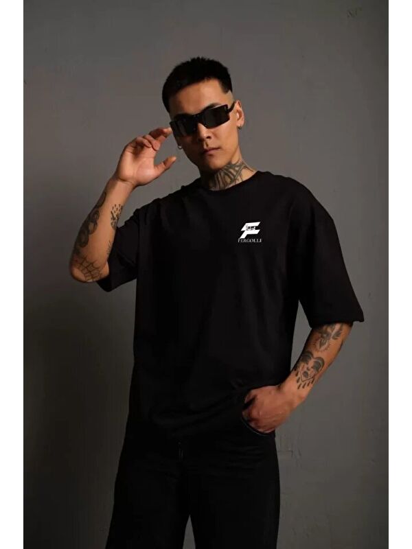 Jane's Unisex Bisiklet Yaka Baskılı Oversize T-Shirt - Siyah