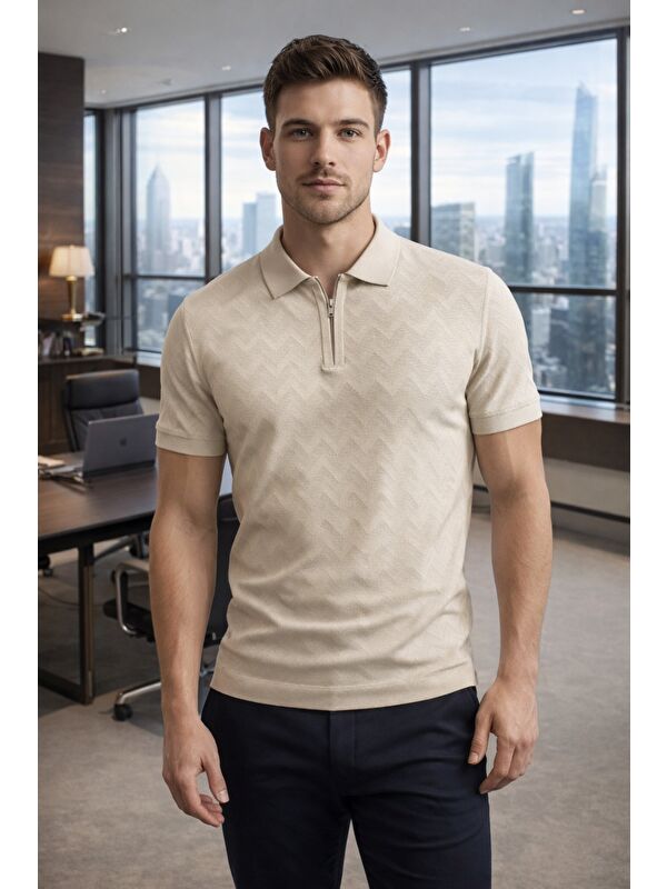 Tarz Cool Erkek Slim Fit Fermuarlı Polo Yaka Triko Tişört