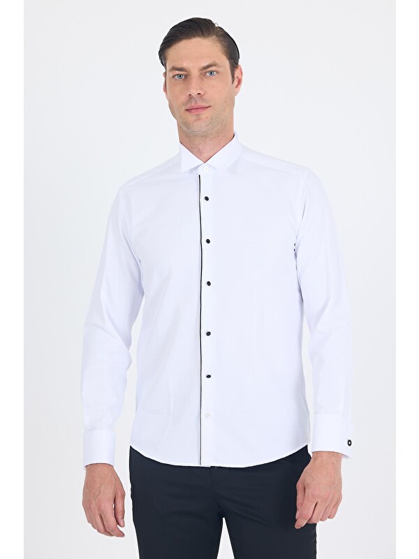 İMZA Beyaz Ata Yaka  Ceremony Pamuklu Slim Fit Gömlek 1004250215