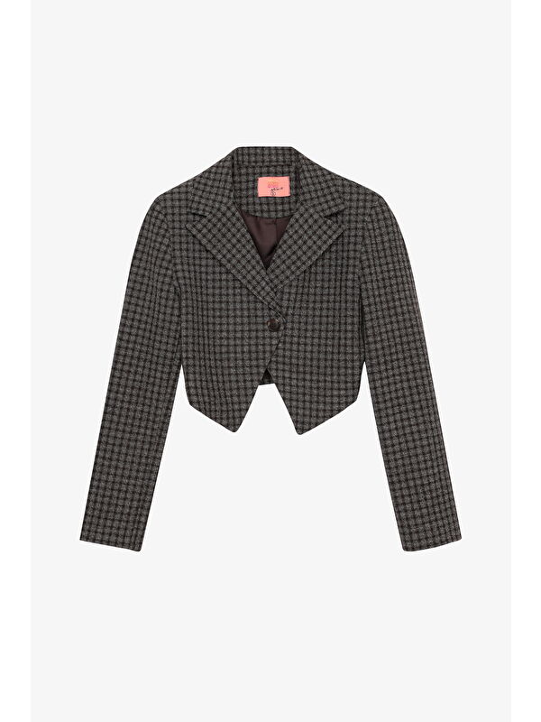 QUZU Ekose Tek Düğmeli Crop Blazer Ceket Kahverengi