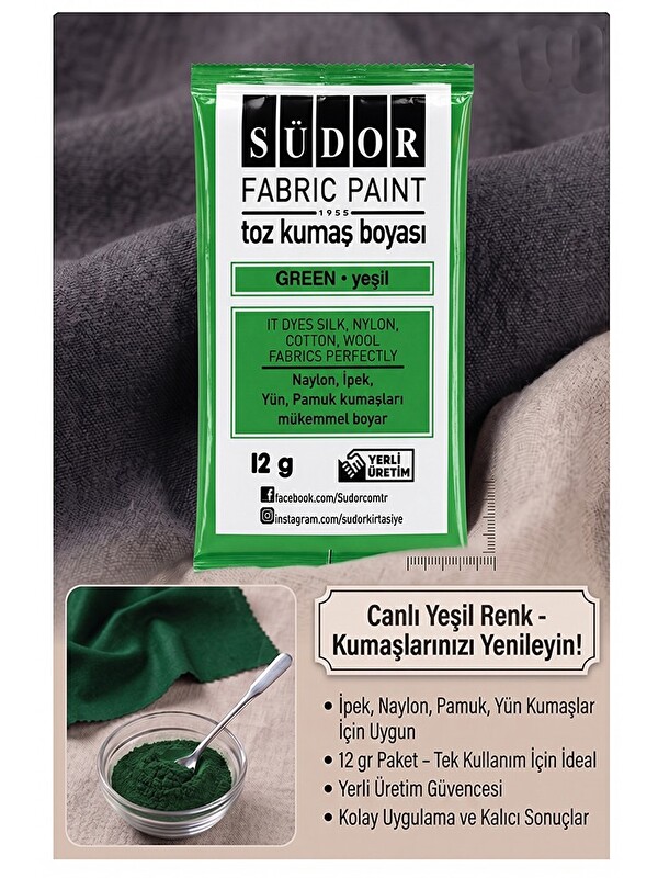 artmaster Yeşil Kumaş Boyası Toz 12 gr 1 Adet Südor Toz Kumaş Boyası Jean Pantalon Gömlek Tişört Tekstil Kumaş