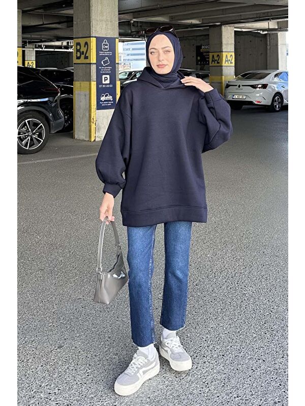 Lamelif Üç İplik Balon Kol Sweatshirt Lacivert