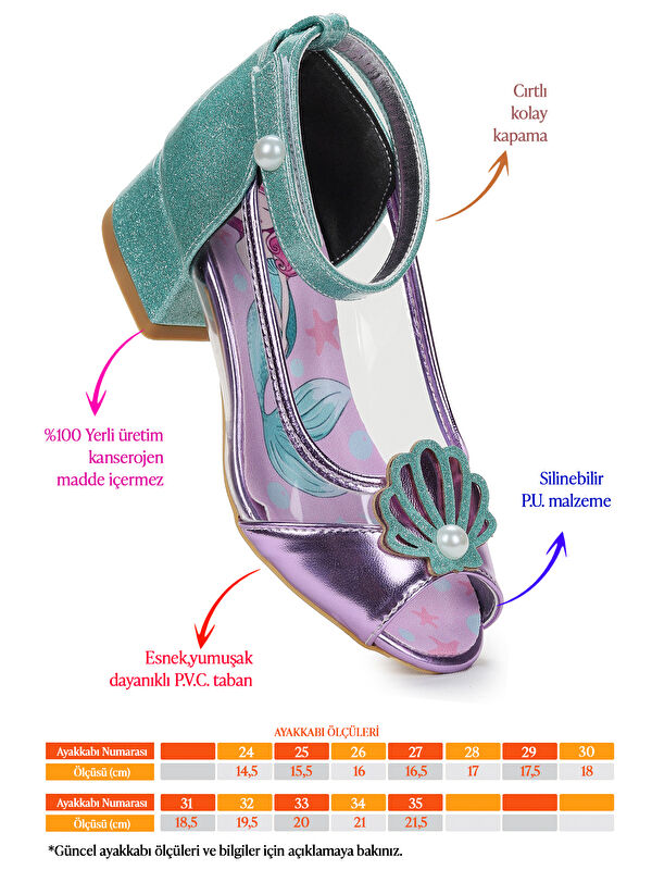 Deniz Kızı Şeffaf Burnu Açık Kız Çocuk Topuklu Abiye Ayakkabı - Görsel 3