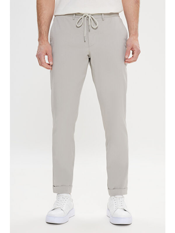 Altınyıldız Classics Erkek Açık Gri Slim Fit Dar Kesim Yan Cepli Desenli Beli Lastikli Pantolon