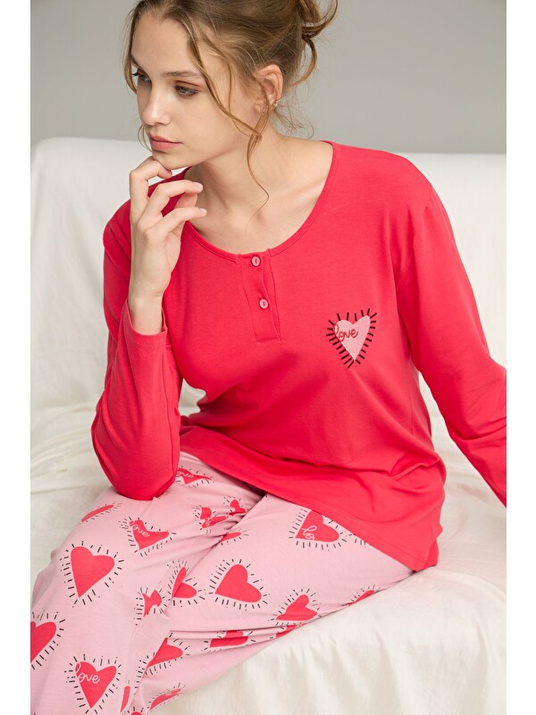 Siyah İnci Narçiçeği Desenli Düğmeli Örme Pamuklu Pijama Takım25240218