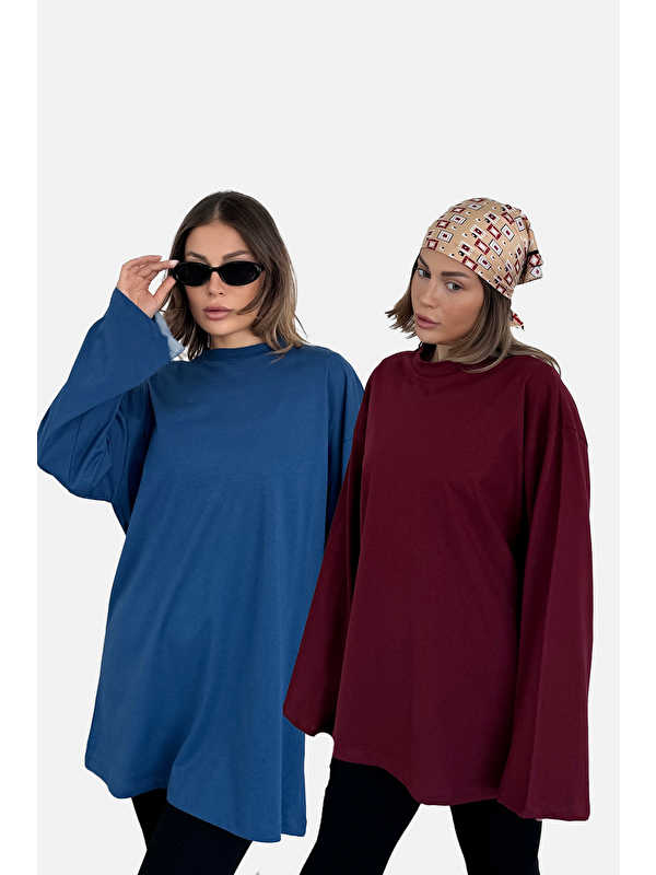 C&City Geniş Kol Oversize 2'Li Paket T-Shirt 964 İndigo/Bordo