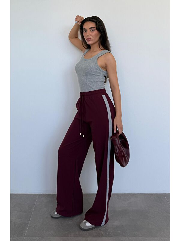 Madmext Bordo Şerit Detaylı Bol Paça Kadın Pantolon Mg2441