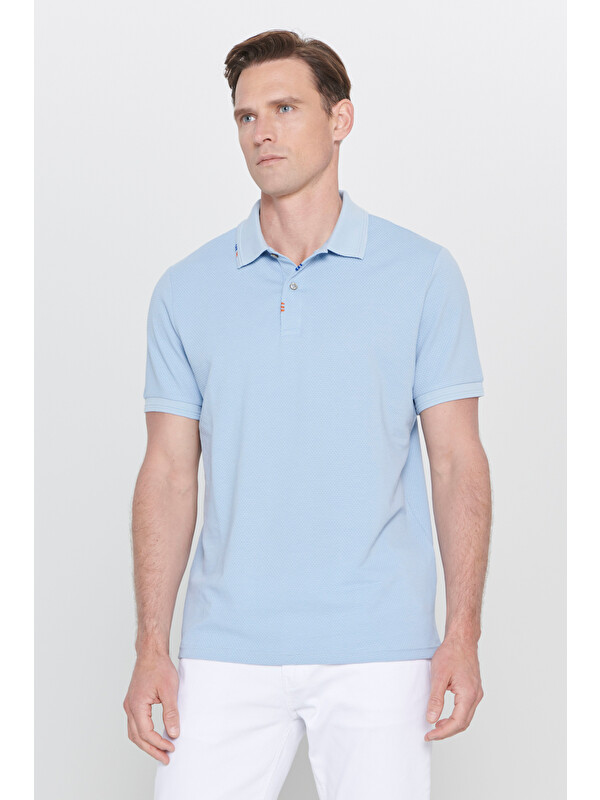 Altınyıldız Classics Erkek Açık Mavi Slim Fit Dar Kesim Polo Yaka Baskılı Pamuklu Tişört