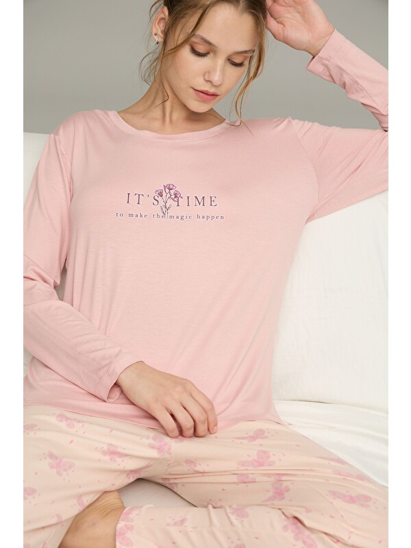 Siyah İnci Somon Desenli Örme Pamuklu Pijama Takım25240222