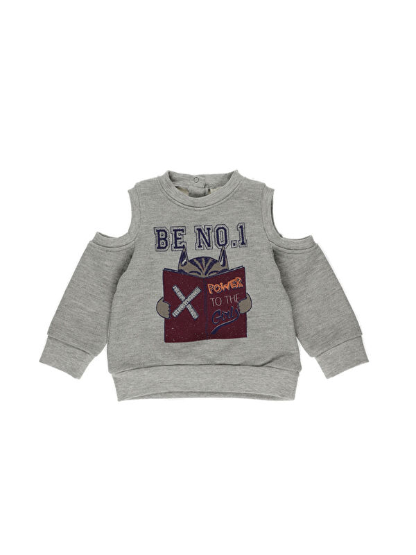 Panço Kız Bebek Omuz Pencere Detaylı Baskılı Gri-Melanj Sweatshirt