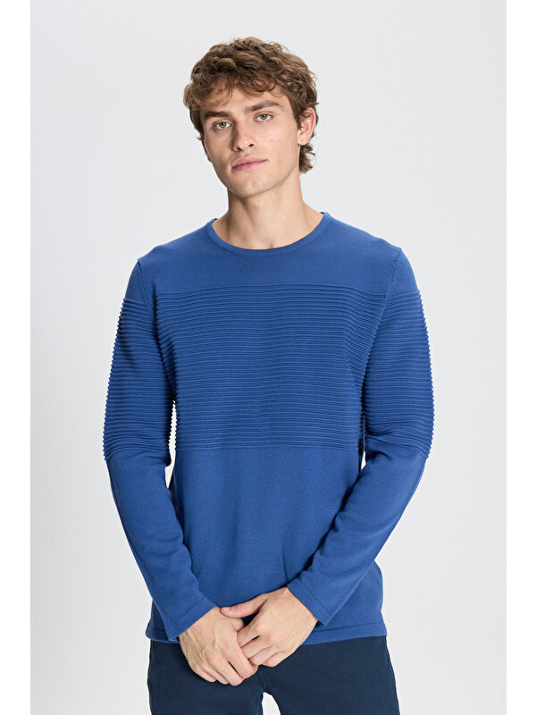 AC&Co / Altınyıldız Classics Erkek İndigo Standart Fit Bisiklet Yaka Triko Kazak