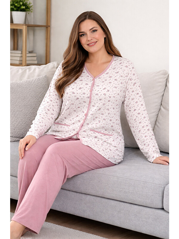 Remsa Büyük Beden Kadın Uzun Kol Kroşetalı Pamuklu Pijama Takımı 250662 Beyaz10