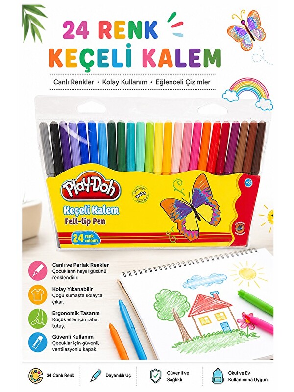 Artlantis Keçeli Kalem 24 Renk 1 Paket Play-Doh 24 lü Keçeli Kalem Canlı Renkler Yıkanabilir